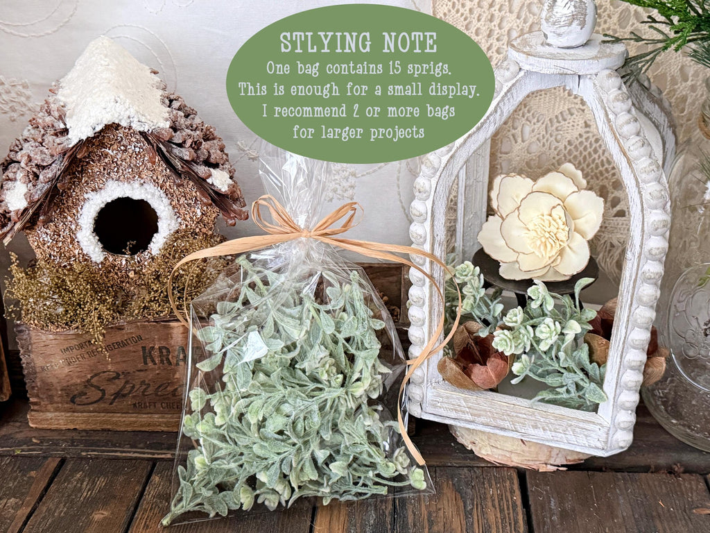 Decorative setting with a bag of artificial greenery filler, a small wooden birdhouse, and a decorative frame on a wooden surface.