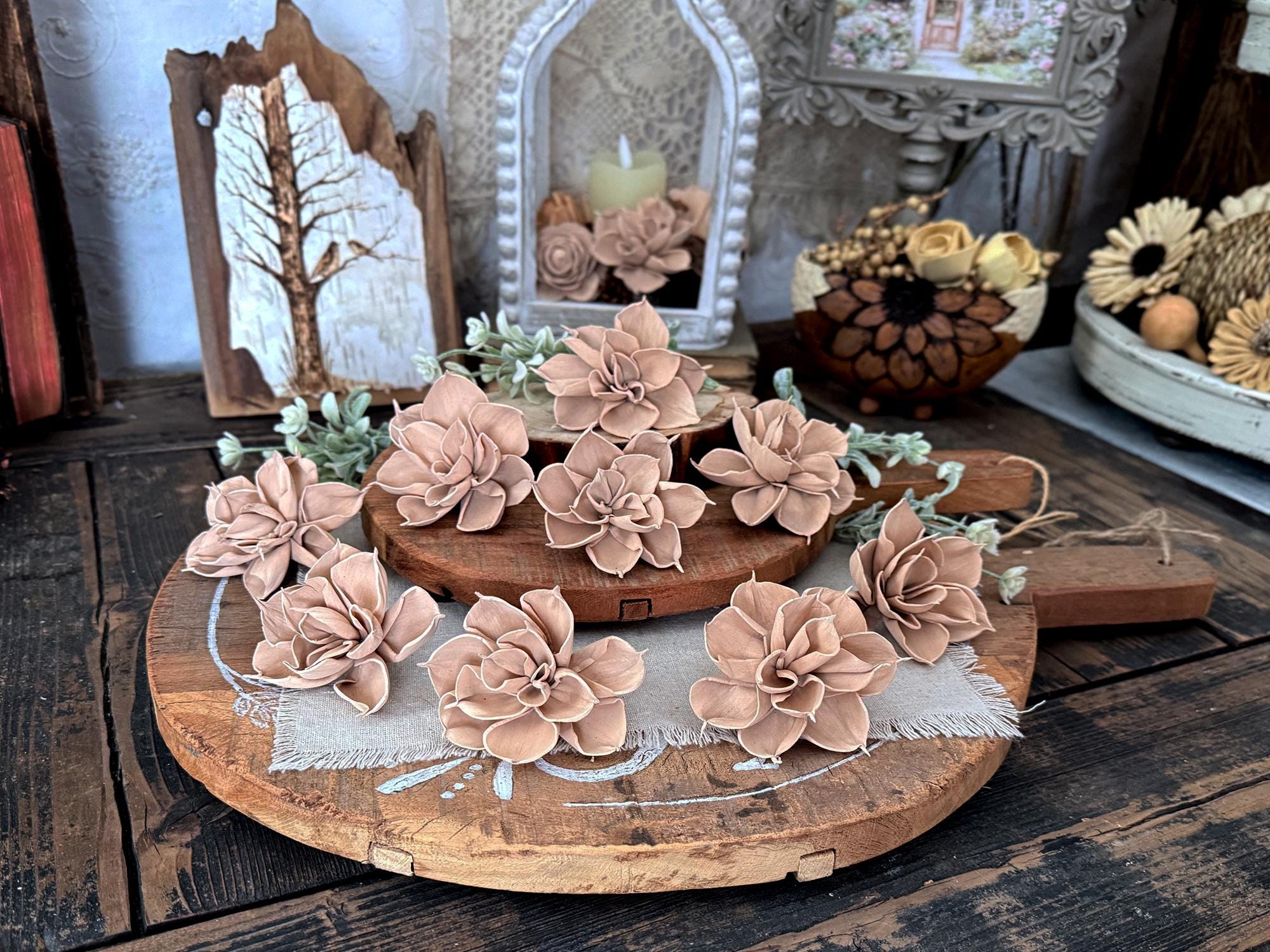 Decorative flowers on a wooden stand with a rustic background