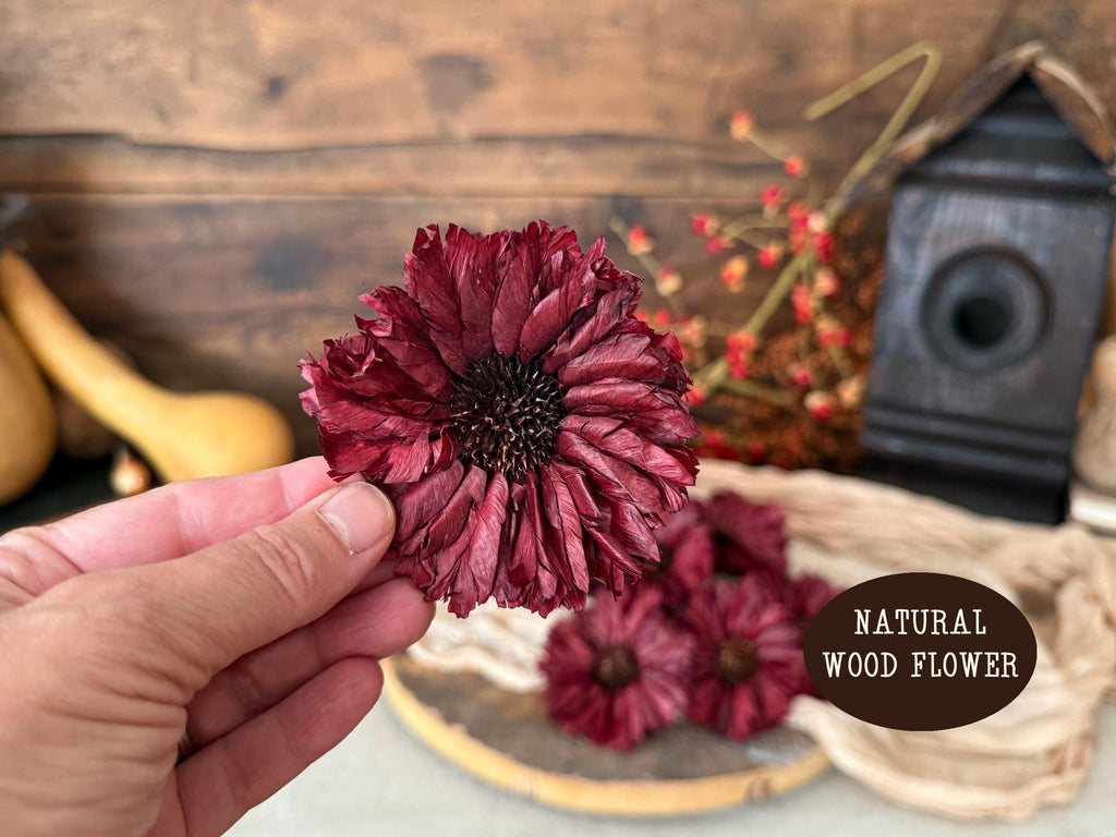 Hand holding a dried red flower with a rustic background