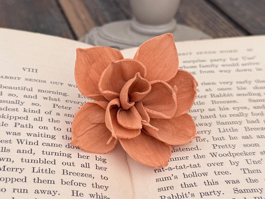 Orange wood flower blossom on an open book with a blurred background