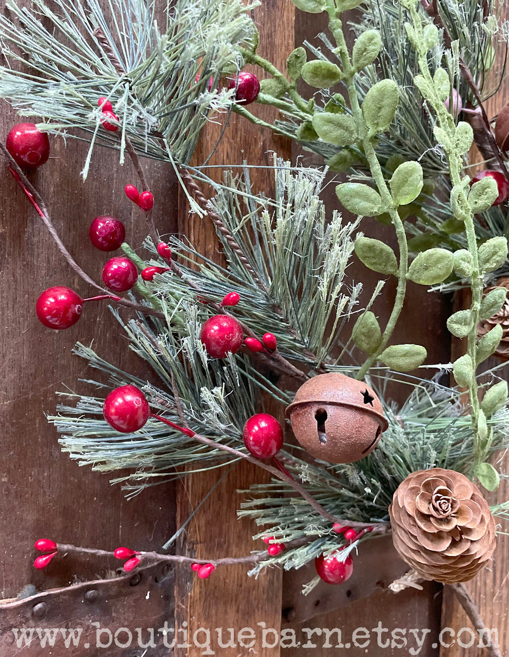 Pine, Berry & Jingle Bell Christmas Spray – Rustic Holiday Greenery