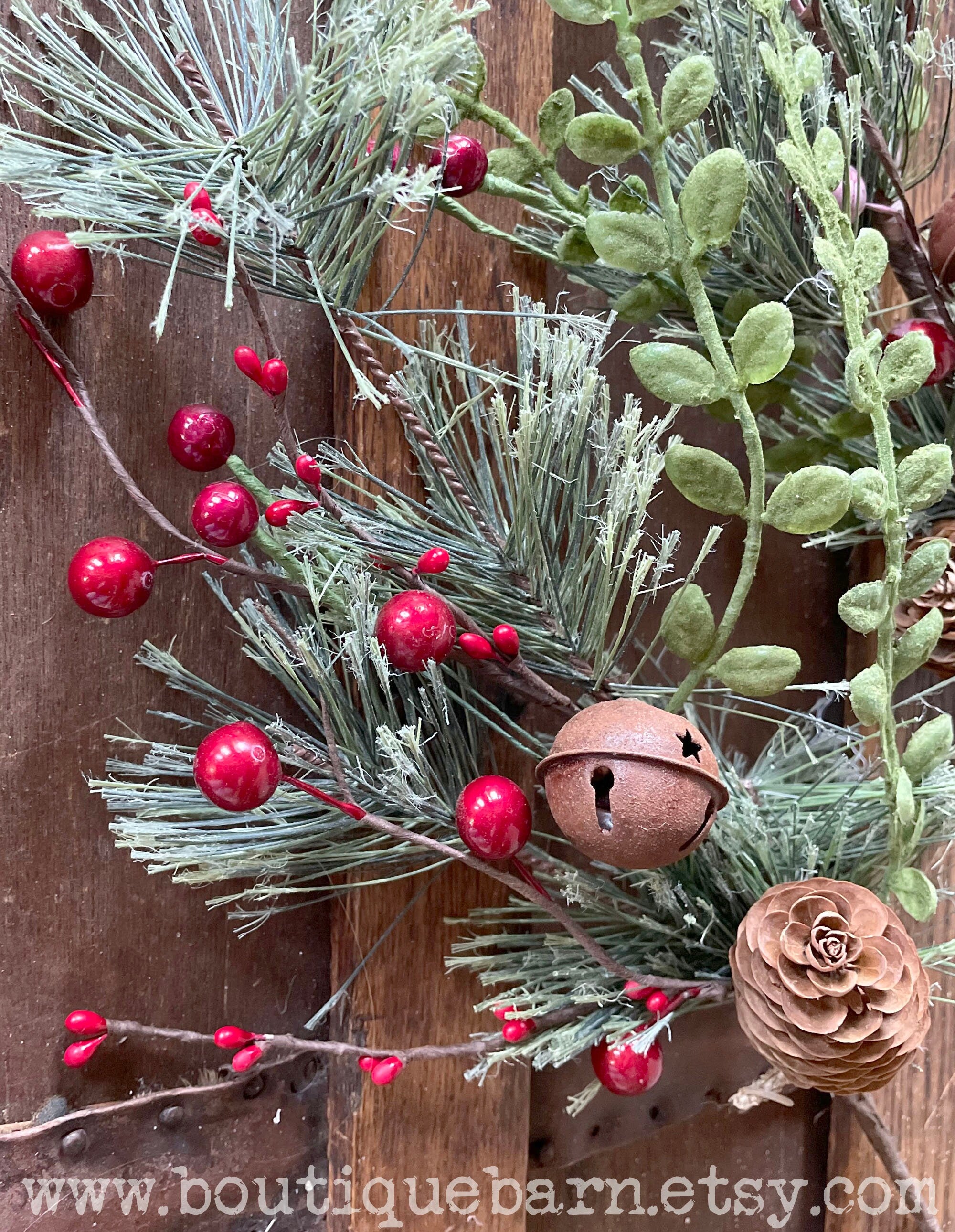 Pine, Berry & Jingle Bell Christmas Spray – Rustic Holiday Greenery
