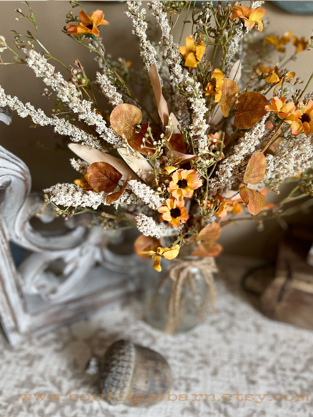 Faux Flowers, Wildflower Spray With Gold Daisies and Heather, Artificial Flowers For Your Rustic Centerpiece, Fall Foliage Arrangement