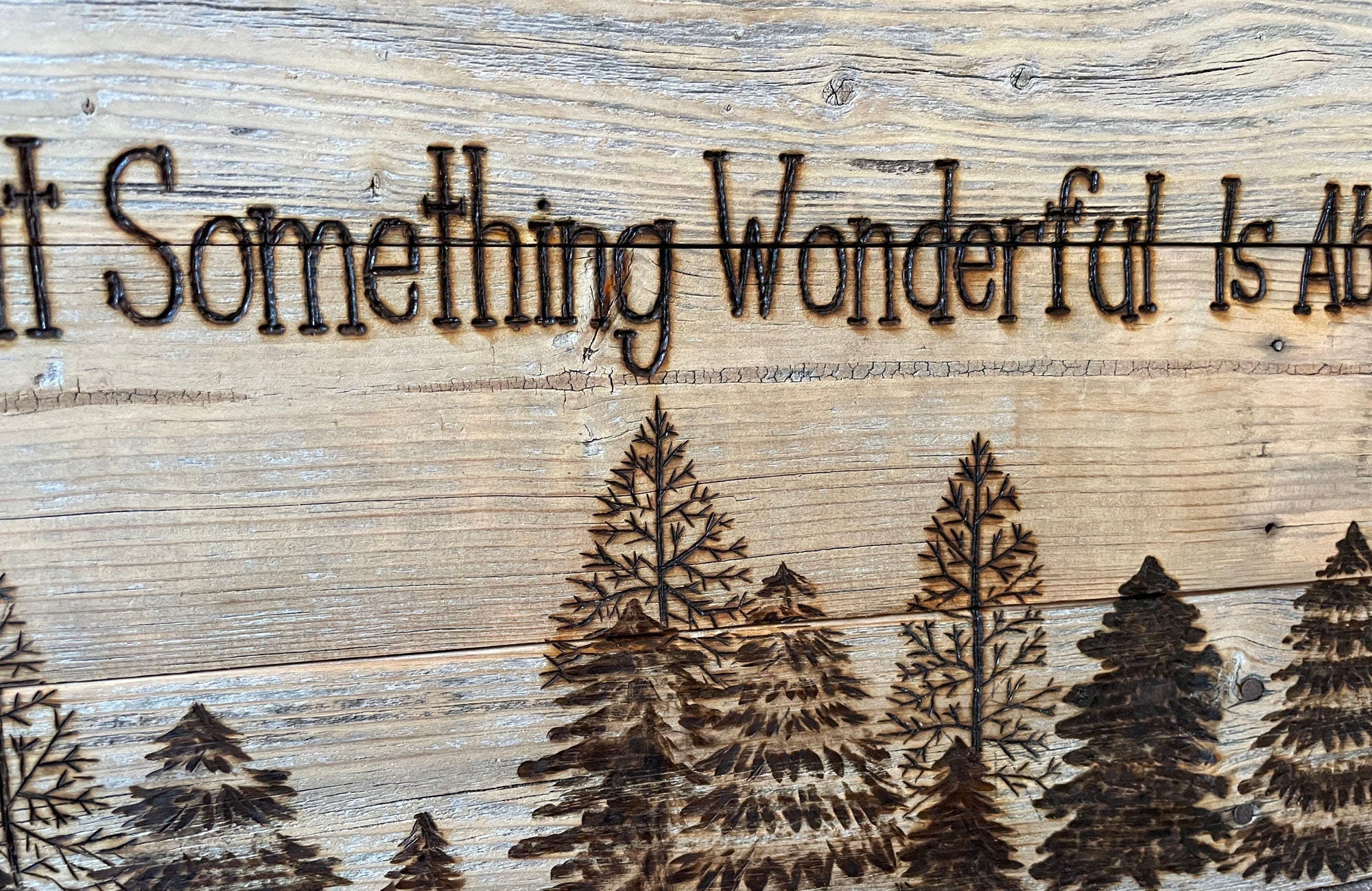 Wooden sign with engraved trees and text 'It Something Wonderful Is Ab', featuring a website address at the bottom.