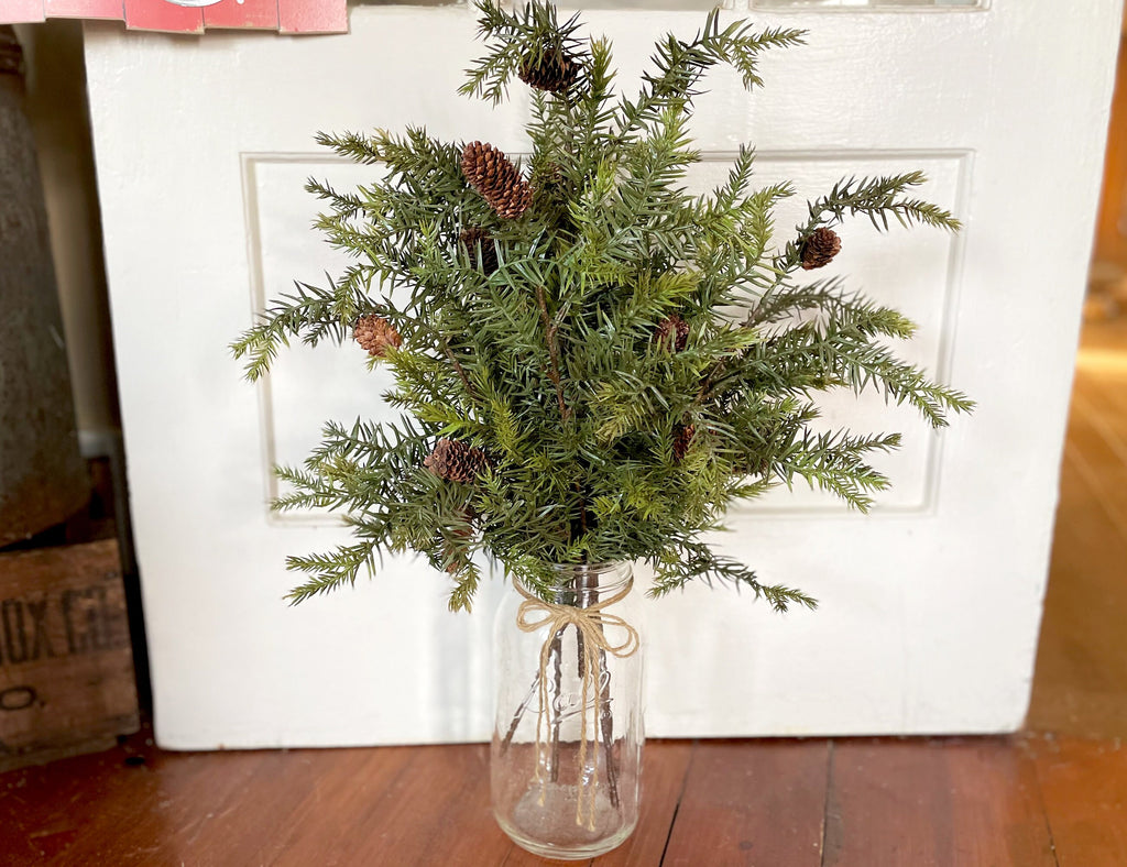 Fraser fir stems styled in mason jar for farmhouse Christmas décor