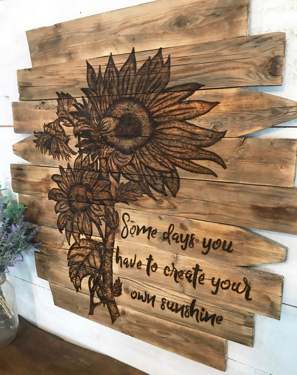 Sunflower Wall Art – Rustic Boho Wood Wall Hanging with “Create Your Own Sunshine” Quote