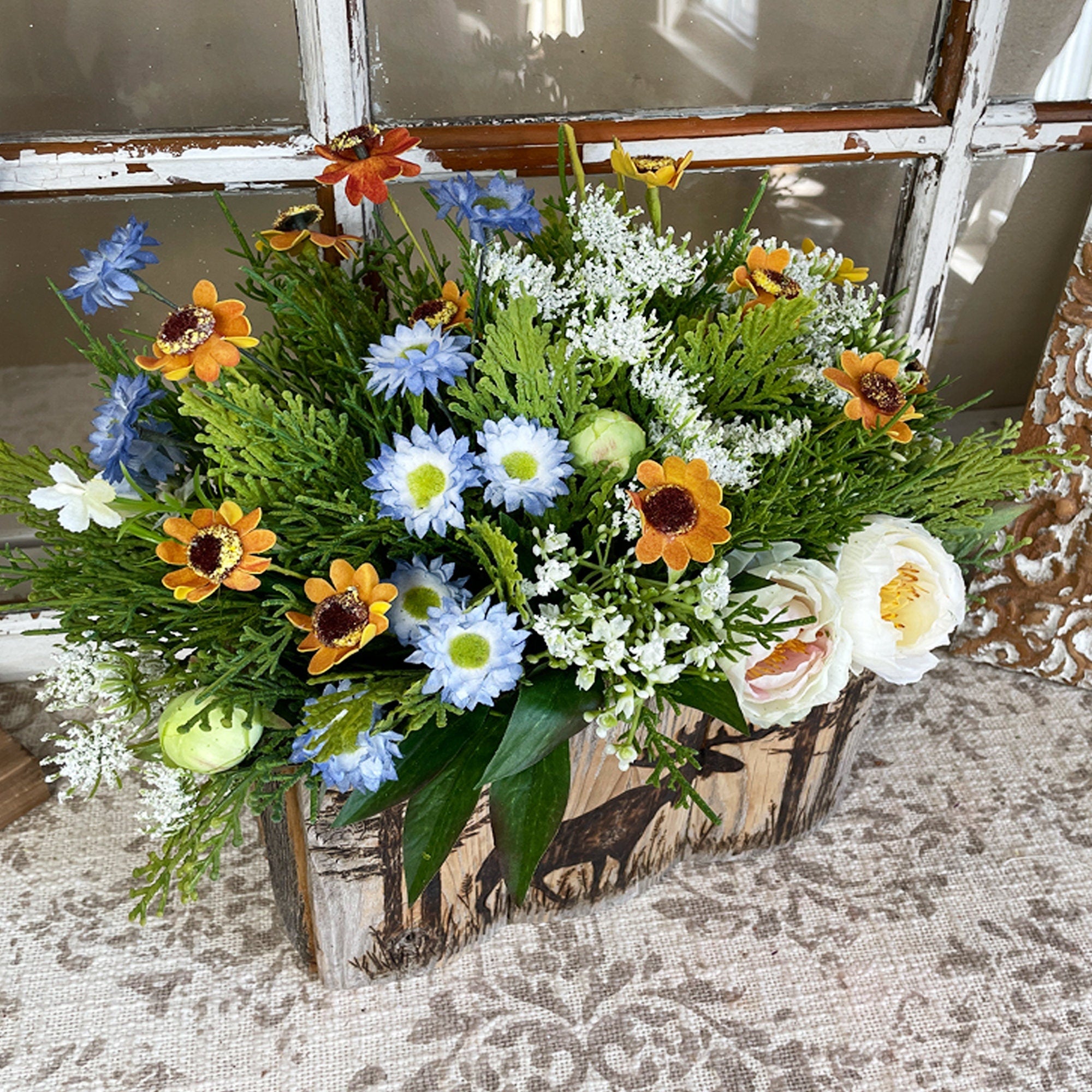 Moose Decor, Flowers For Dining Room Table, Rustic Centerpiece, Faux Flower Arrangement, Weathered Wood Box, Decor For Cabin or Lodge