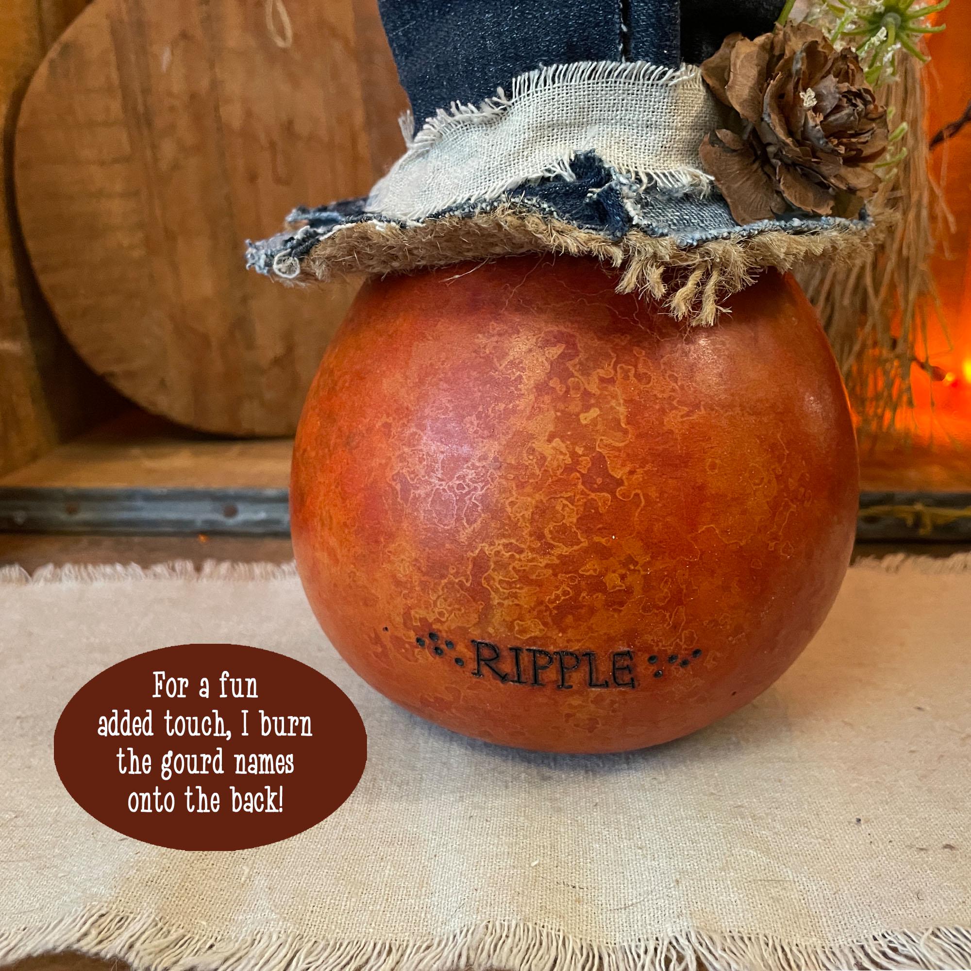 Decorative gourd with rustic top and 'Ripple' branding, placed on a textured surface.