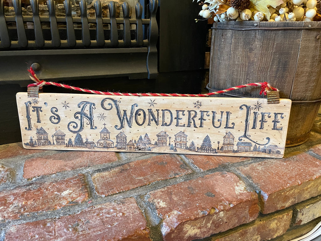 Rustic Christmas Sign – Wood-Burned “It’s a Wonderful Life” Holiday Wall Art