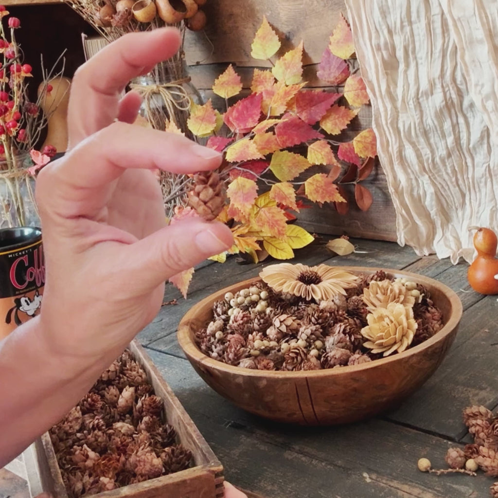 A video showing a fall bowl filler arrangement being assembled featuring mini pine cones. 