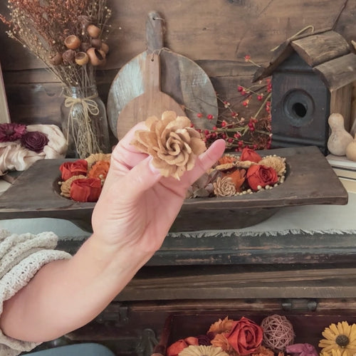 movie showing a fall dough bowl arrangement using wood flowers. 