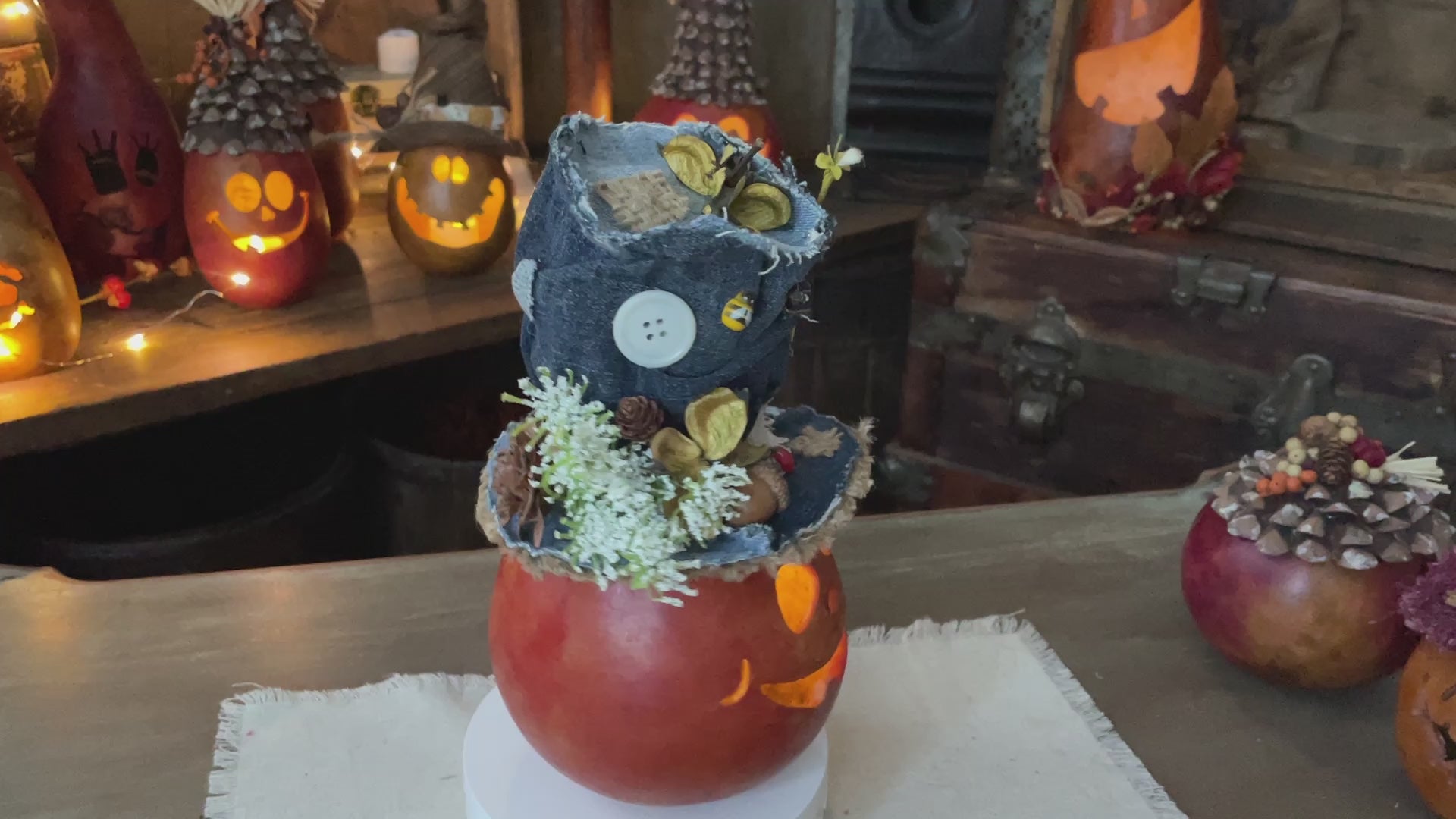 Ripple – Whimsical Fall Pumpkin Gourd with Patchwork Denim Hat