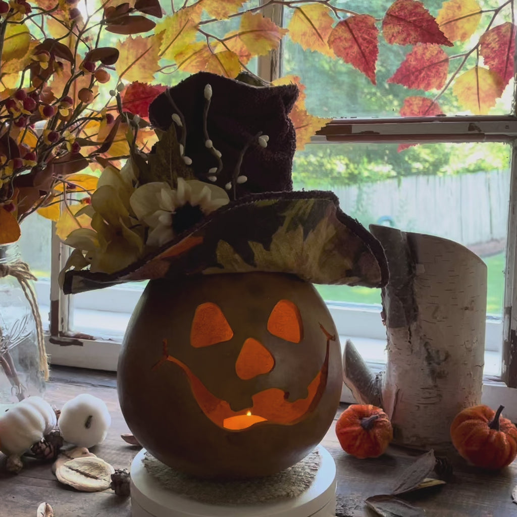 Briar – Happy Pumpkin Gourd with Autumn Hat | Handmade Lighted Fall Luminary