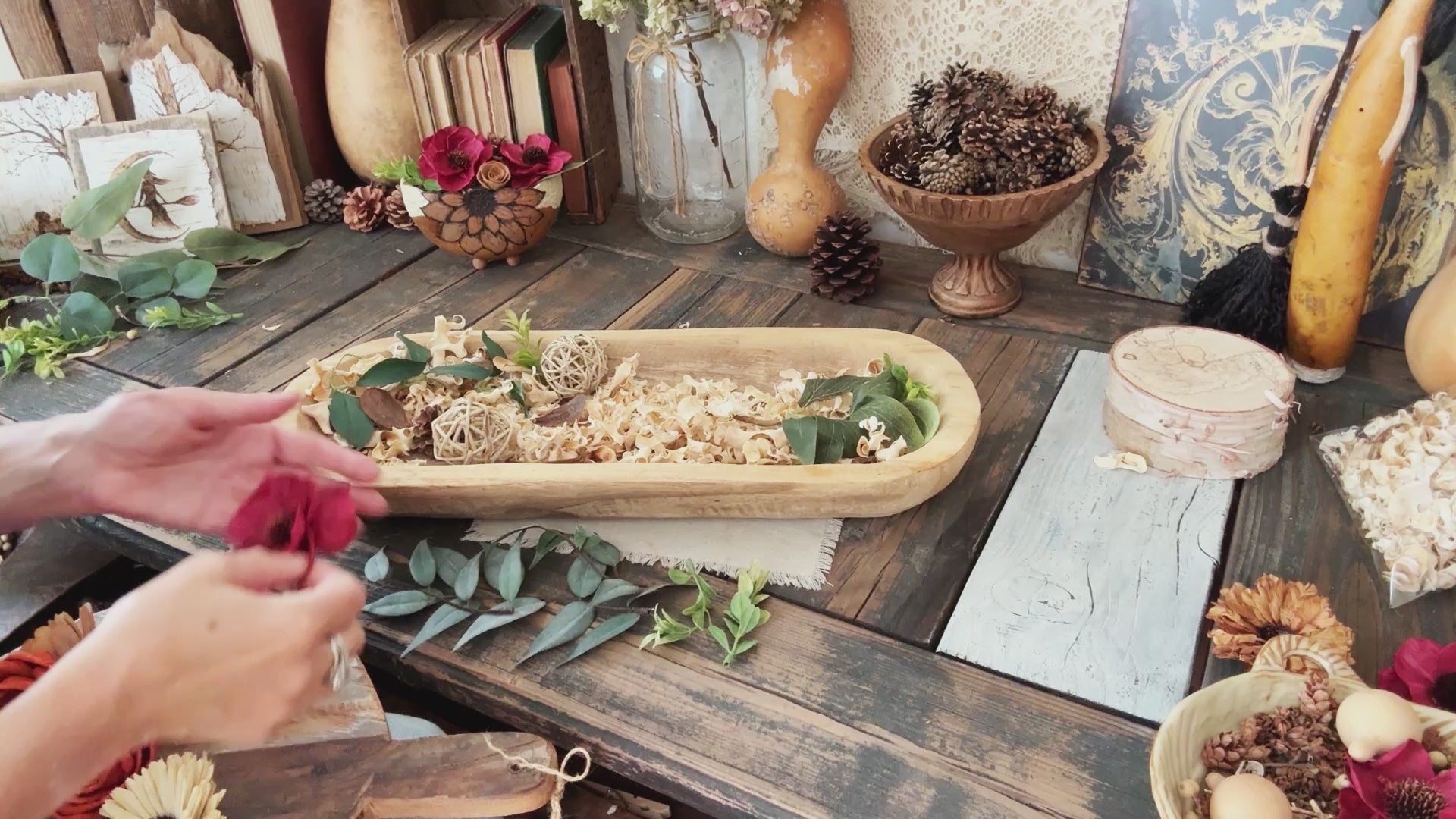Hand Painted Red Wood Flowers for Dough Bowl Decor | Rustic Bowl Fillers & Wedding Table Decorations