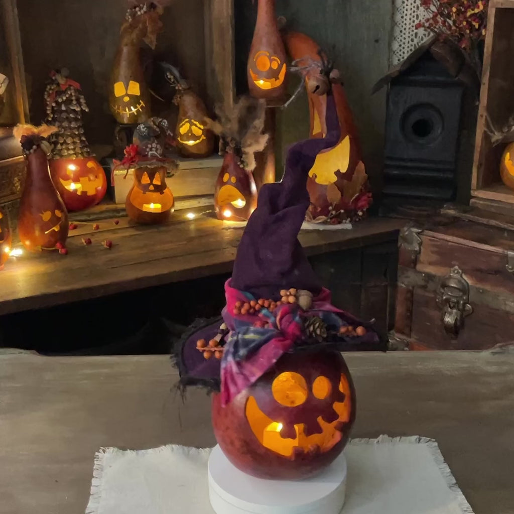 Effie – Whimsical Pumpkin Witch Gourd with Purple Hat | Handmade Lighted Fall Luminary