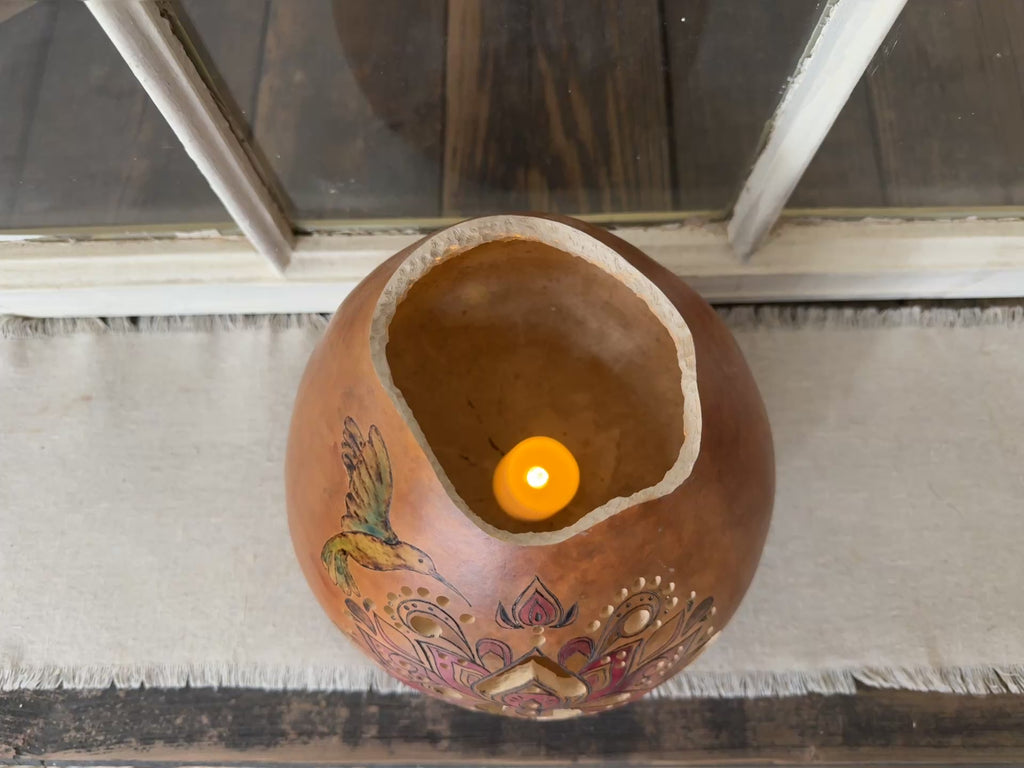 Hummingbird Gourd Luminary – Handmade Mandala Candle Centerpiece with Timer