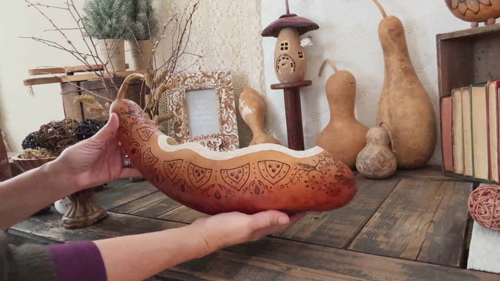 Boho Farmhouse Gourd Bowl – Handmade with Bird Artwork