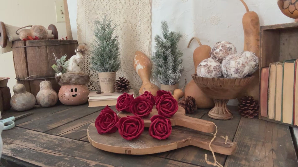 Red Wood Rose Flower Blossoms, Winter Valentine’s Decor, Bowl Filler Floral Centerpiece, Mantle Decor