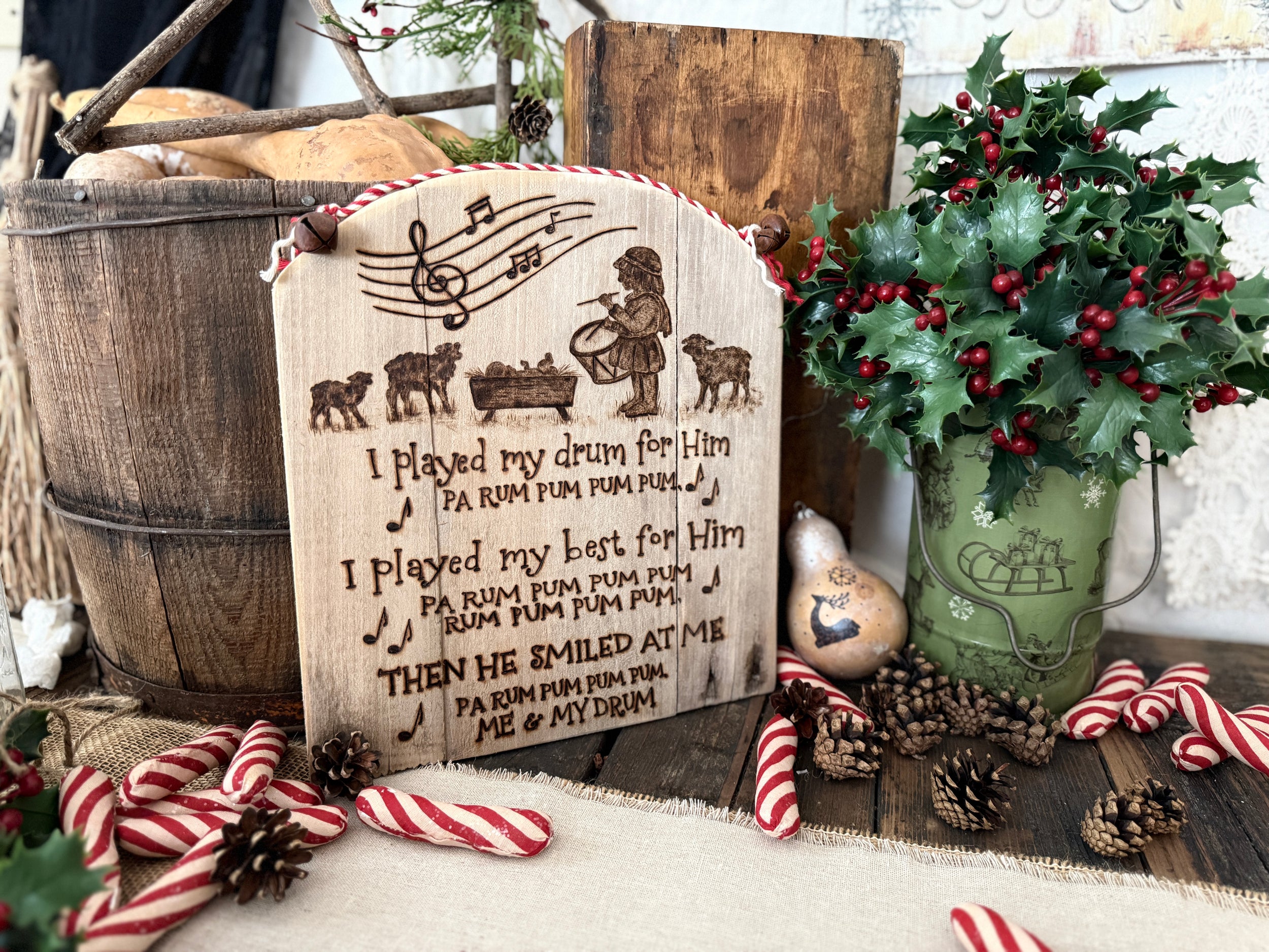 Highlight video of Little Drummer Boy being wood-burned onto wood.