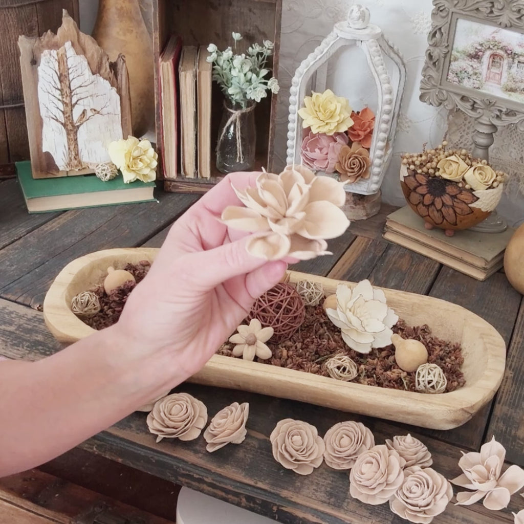 Taupe Dahlia Wood Flowers – Natural Bowl Fillers & DIY Centerpieces