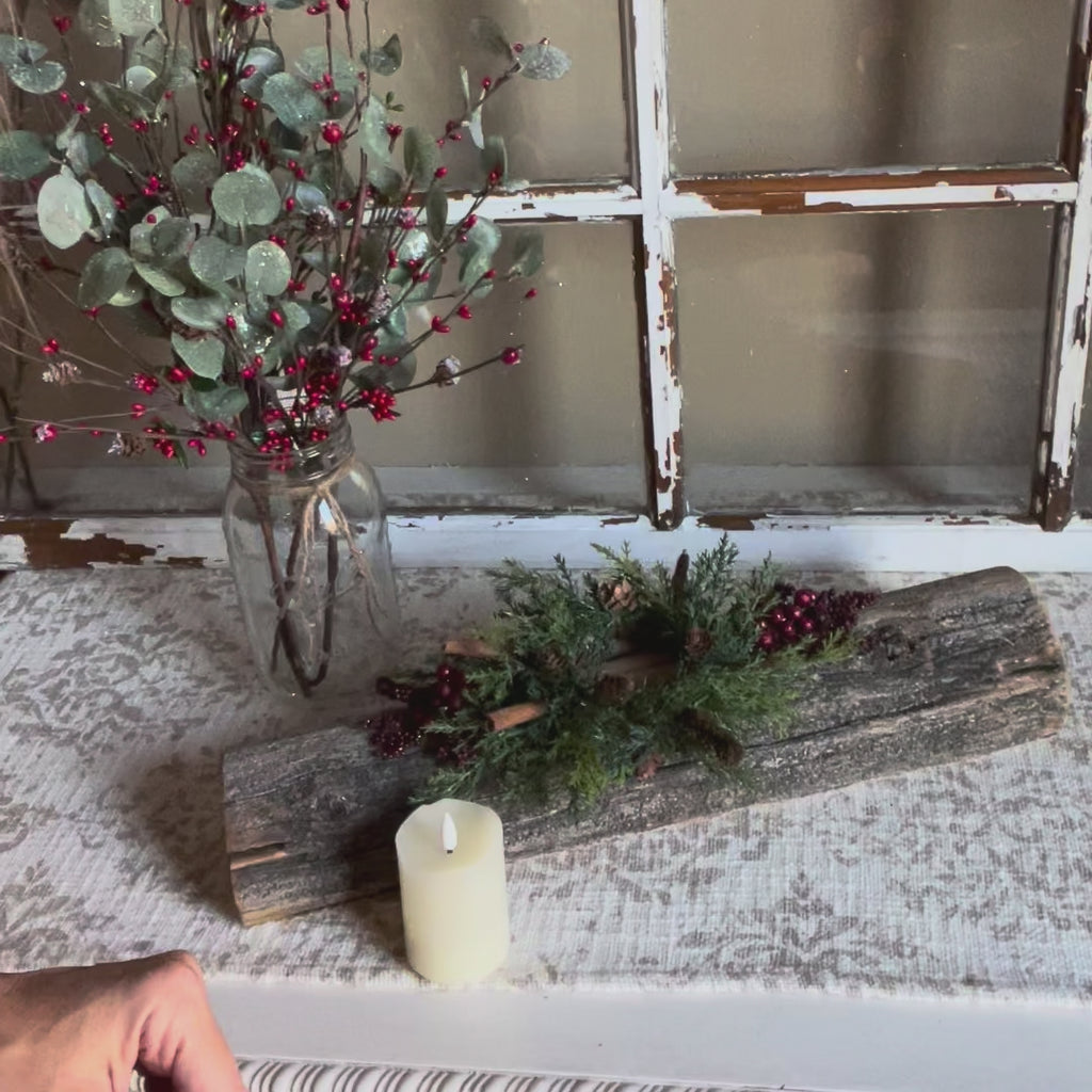 Rustic Christmas Candle Centerpiece – Reclaimed Wood Yule Log