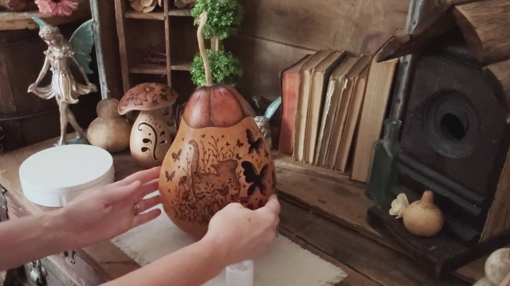 Hand-Carved Cat & Butterfly Gourd Luminary – Rustic Artisan Home Décor