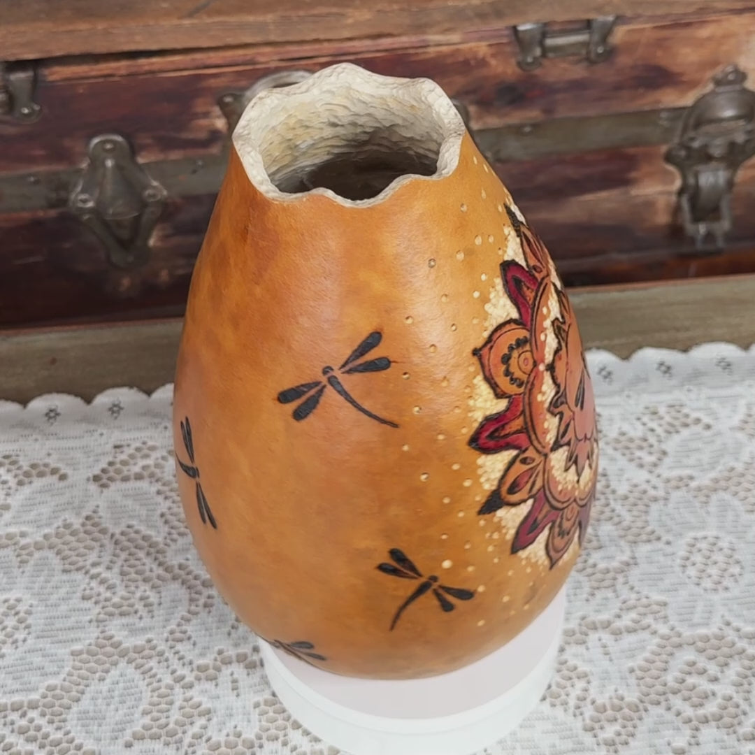 Handmade Dragonfly Gourd Vase – Rustic Nature-Inspired Home Décor