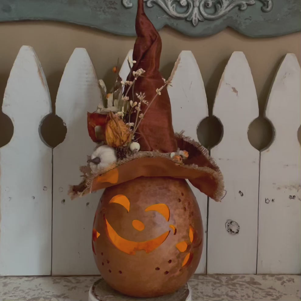 Beatrice – Whimsical Pumpkin Witch Gourd with Autumn Hat | Lighted Fall Luminary