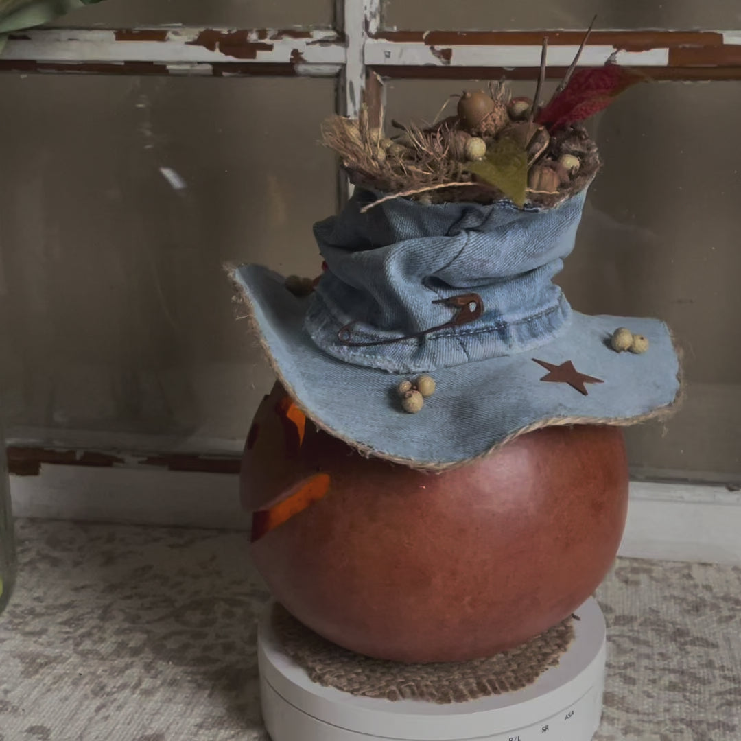 Peaches – Hand-Carved Pumpkin Gourd with Upcycled Denim Hat